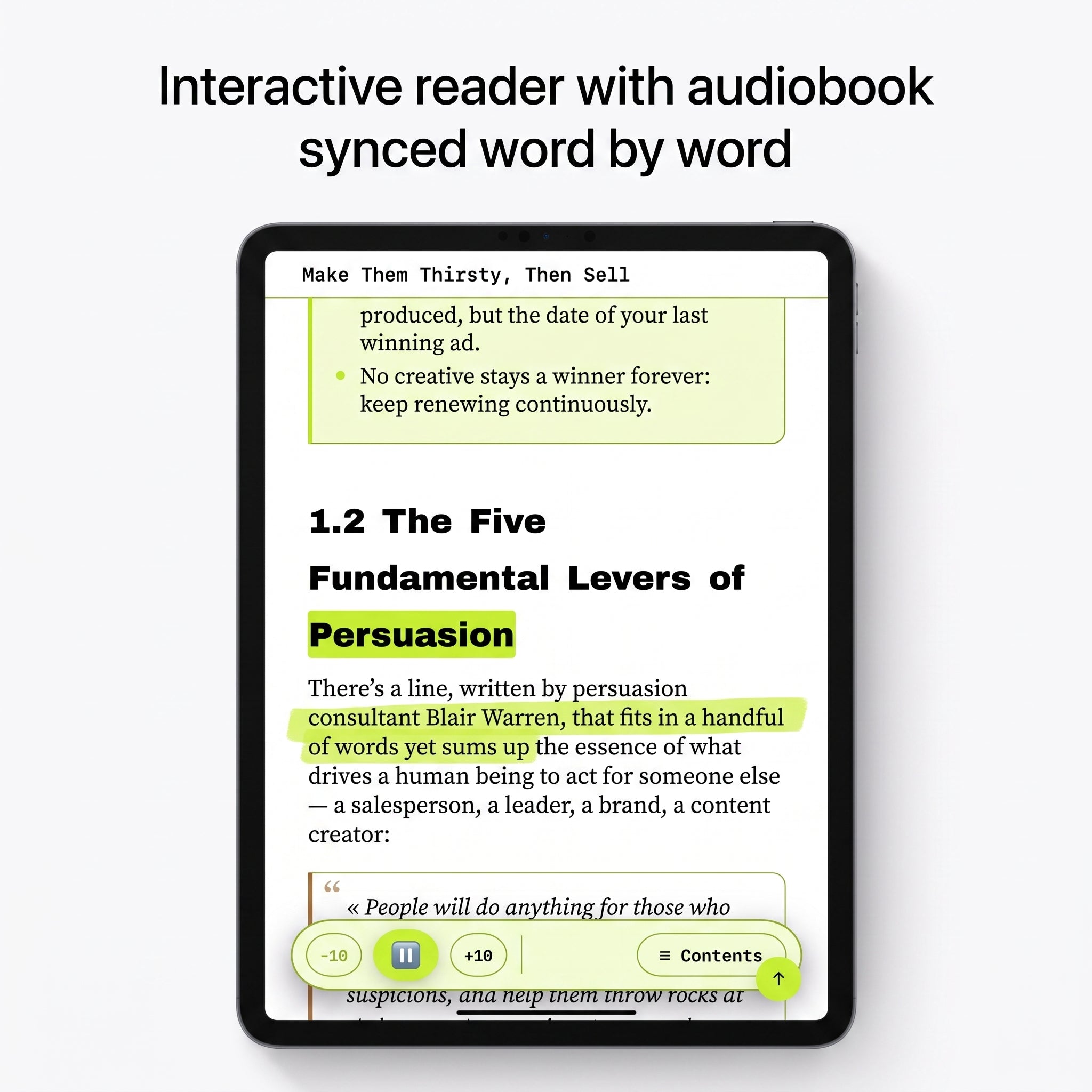 Interactive reader with audiobook synced word by word