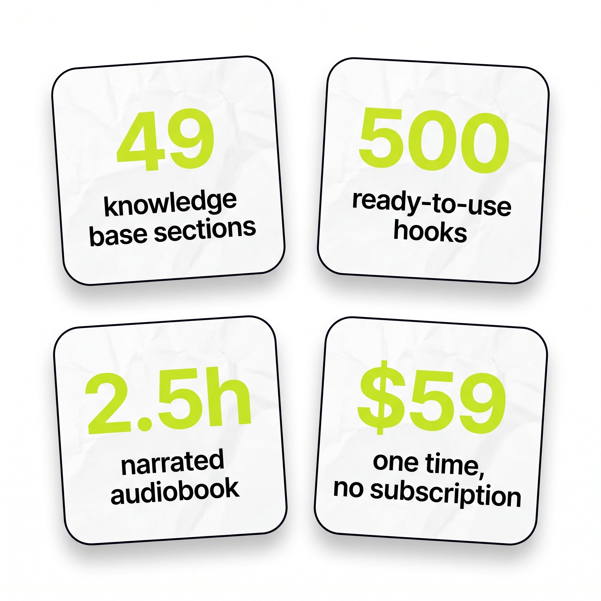 49 knowledge base sections, 500 hooks, 2.5h audiobook, $59 one time
